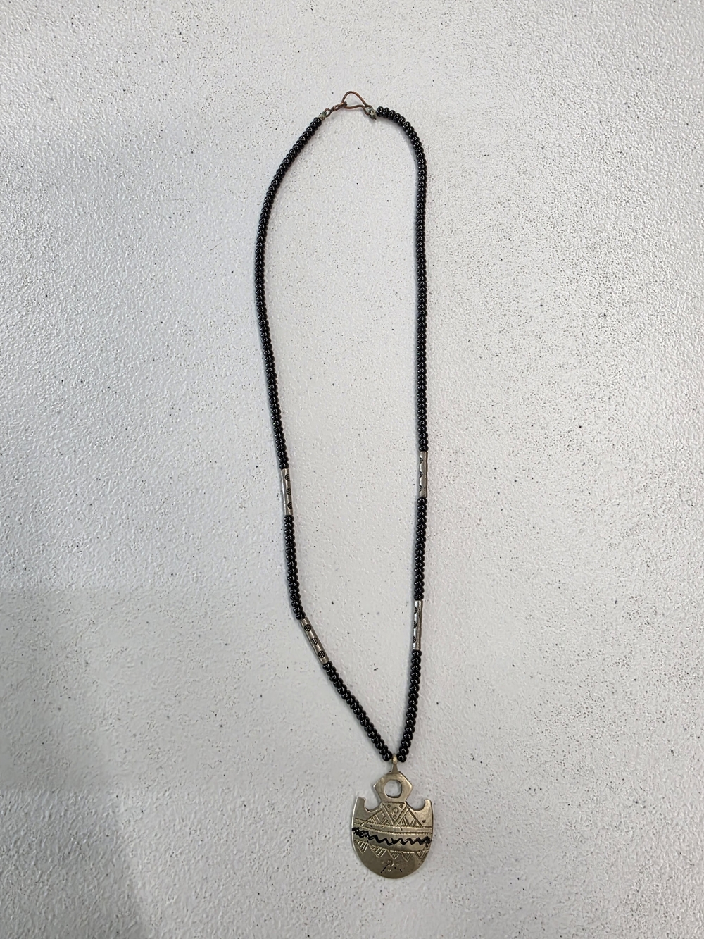 Handmade Tuareg Saharan berber Black Bead Necklace with Silver Shield Pendant